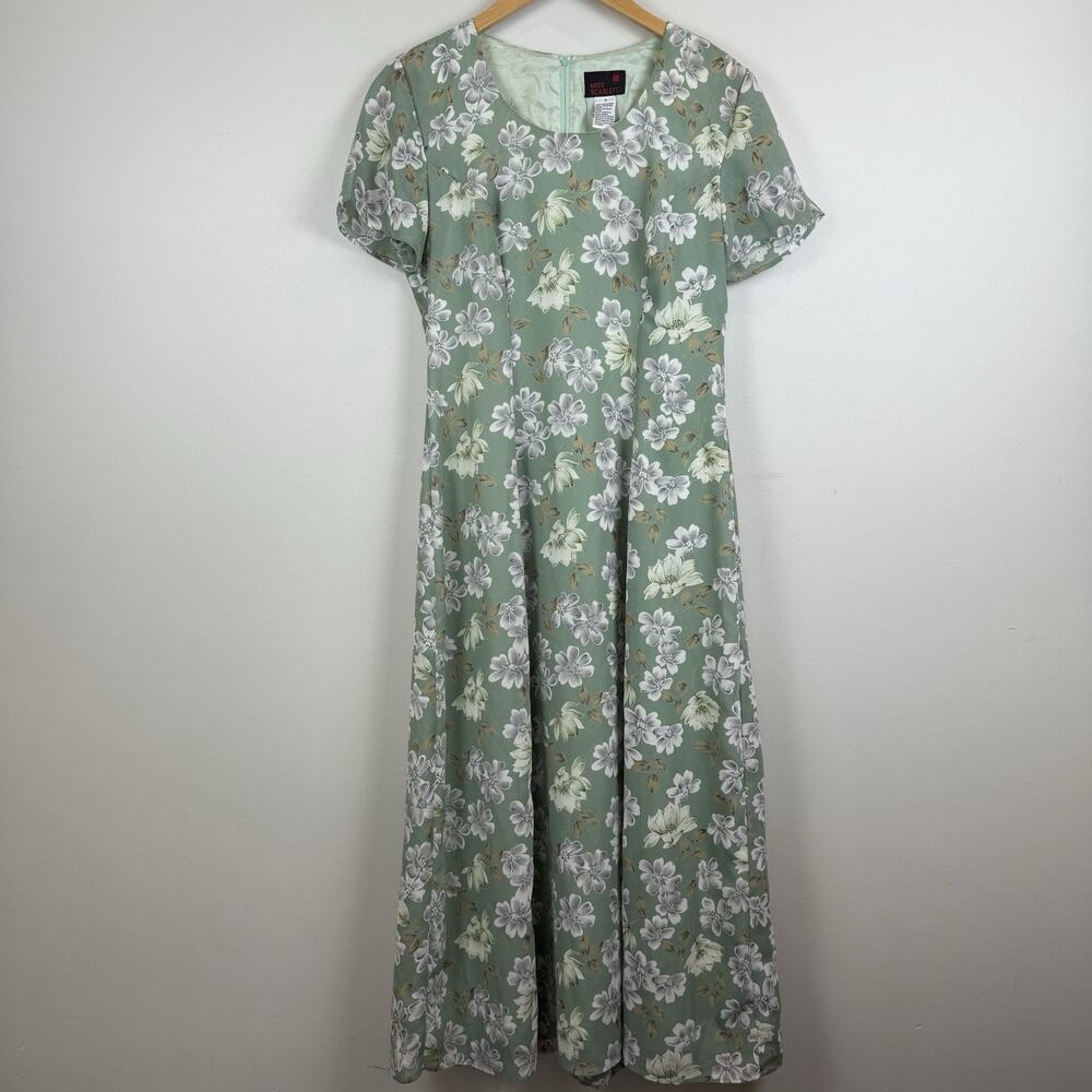 Vintage Green Floral Short Sleeve Midi Dress‎ Sz 8 Cottagecore Homestead Prairie